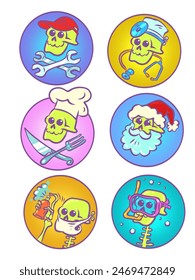Set of professions with skeleton. A ready-made set of stickers, emojis and icons. Leisure time of the Halloween character. Comic cartoon pop art retro vector illustration hand drawing. On a white