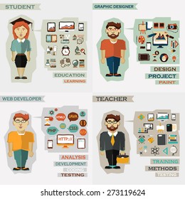 Set of professions. Student, graphic designer, web developer, teacher.