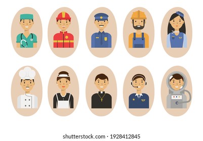 Set of professions. Vector collection of flat avatar. Different icons of professions.  Flat avatars in uniforms. Vector flat illustration. People in uniform.