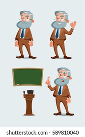 Set of professor characters poses and lecture hall equipment. Vector illustration of funny academic with glasses and beard. The teacher with various gestures and blackboard with rostrum