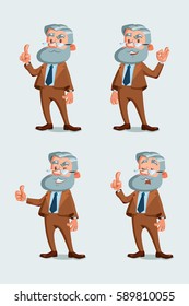 Set of professor characters poses.  Vector illustration of funny academic with glasses and beard. The teacher showing ok sign, thumb up and attention hand gesture