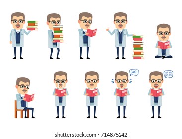 Set of professor characters posing with book in various situations. Cheerful scientist reading a book, laughing, crying and showing other actions. Flat vector illustration