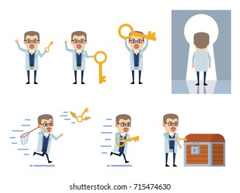 Set of professor characters posing with golden key in various situations. Cheerful scientist chasing flying away key and showing other actions. Flat vector illustration