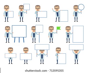 Set of professor characters posing with various blank signboards. Cheerful scientist in lab coat holding banner, paper, placard, pointing to whiteboard. Flat vector illustration