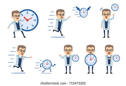 Set of professor characters posing with watch in diverse situations. Cheerful scientist chasing running away time, pointing to timer and showing other actions. Flat vector illustration