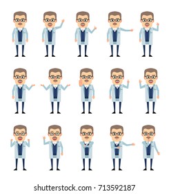Set of professor characters showing diverse hand gestures. Cheerful scientist in lab coat pointing, greeting, showing thumb up and other gestures. Flat vector illustration