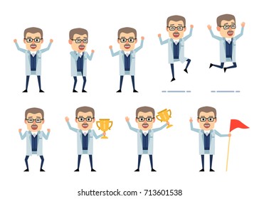 Set of professor characters showing diverse success actions. Cheerful scientist in lab coat celebrating, jumping, holding winners cup and showing other actions. Flat vector illustration