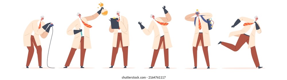 Set of Professor Wear Lab Coat and Rubber Gloves. Doctor Character Run, Conduct Experiment, Evil Laughing, Writing Notes and Explode, Old Funny Scientist Man. Cartoon Vector Illustration