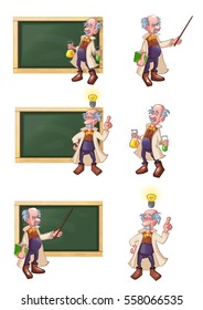 set of professors or scientists - a scientist with a pointer, with the chemicals in a test tube, the scientist had the idea, and lighted lightbulb over his head cartoon vector illustration