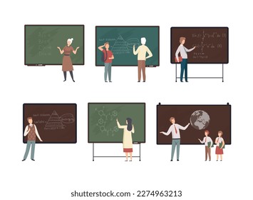 Set of professors standing in front of blackboard in class . Teachers teaching students at school, college or university cartoon vector illustration