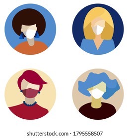 Conjunto de imágenes de avatar de perfil. Iconos web de usuario de forma circular. Retrato femenino de diseño plano con máscara facial quirúrgica médica contra covid-19. 