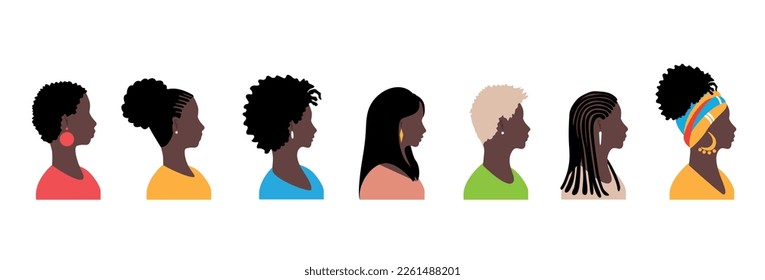 Conjunto de perfiles de hermosas mujeres negras con diferentes estilos de cabello. Ilustración vectorial aislada en fondo blanco.