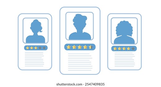 Set of profile cards with user silhouettes and star ratings.