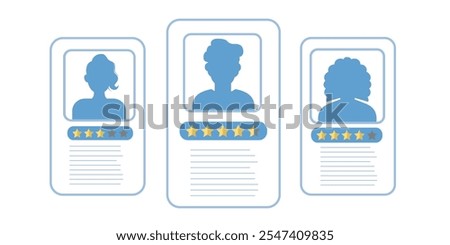 Set of profile cards with user silhouettes and star ratings.
