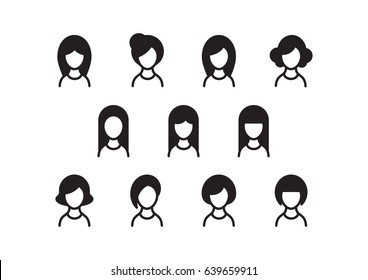 Set of profile picture icons of women with beautiful hairstyles in glyph style
