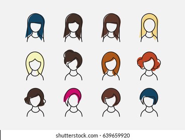 Set of profile picture icons of women with beautiful hairstyles in color

