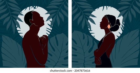 Set of profile portrait african american woman and man. They stands in jungle with large tropical monstera leaf and palm leaves. Dark blue night with moon vector background in the jungle. Flat style