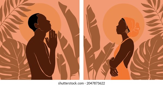 Set of profile portrait african woman and man stands with large tropical monstera, banana, palm leaves. Night or morning landscape with sun or moon background. Vector illustration in Flat style