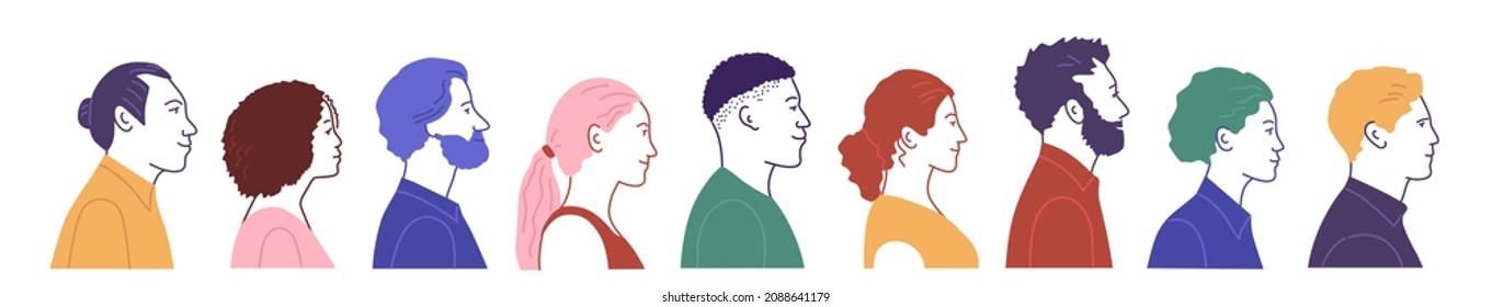 Set of profile portraits. Group of contemporary trendy men and women of different race. Hand drawn vector illustration.