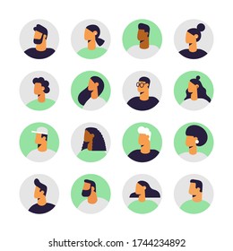 Set of profile portraits of male and female characters. Collection of people avatars. Vector illustration in flat design style, isolated. 