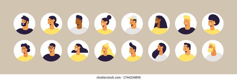 Set of profile portraits of male and female characters. Collection of people avatars. Vector illustration in flat design style, isolated. 