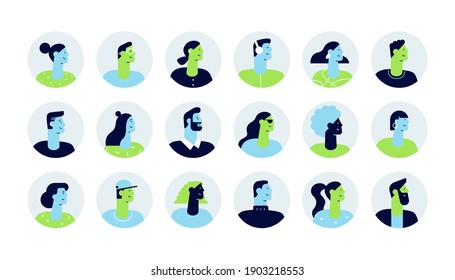 Set of profile portraits of male and female characters. Collection of modern people avatars. Colourful user pics. Vector illustration in flat design style, isolated on white