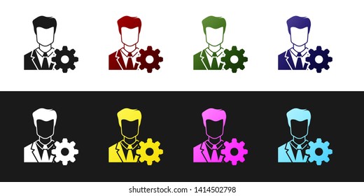 Set Profile settings icon isolated on black and white background. User setting icon. Profile Avatar with cogwheel sign. Account icon. Male person silhouette. Vector Illustration
