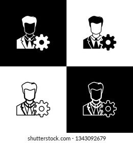 Set Profile settings icons on black and white background. User setting icon. Profile Avatar with cogwheel sign. Account icon. Male person silhouette. Line, outline and linear icon. Vector Illustration