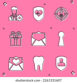 Set Profile settings, Shield and heart rate, Head hunting, Gift box, Mail e-mail and Keyhole icon. Vector