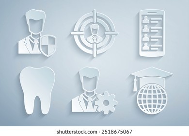 Set Profile settings, Smartphone with contacts, Tooth, Graduation cap globe, Head hunting and User protection icon. Vector