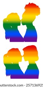 Set of profile silhouettes of two young lesbian couples with rainbow colors of lgbt flag.