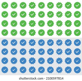 Set of profile verification icons. Checkmark signs, approved. Profile verified. Verification stamp badge. Vector.