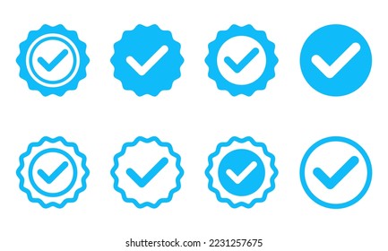 Set of profile verification vector icons. Sticker or badge of blue verification account. Original profile. Vector 10 Eps.