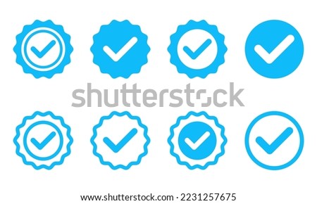 Set of profile verification vector icons. Sticker or badge of blue verification account. Original profile. Vector 10 Eps.
