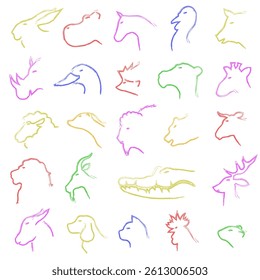 Set of profiles of different animals and birds. Animals in profile. Animal profiles with colored strokes. EPS 10.