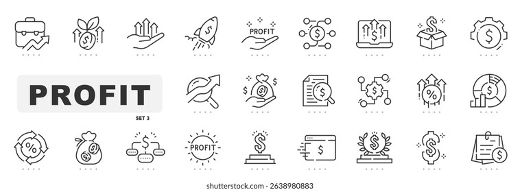 Set of profit related line icons. Income, earning, money, savings etc. Editable stroke. Set 3