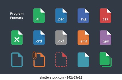 Set of Program File Formats and Labels icons. Vector illustration.