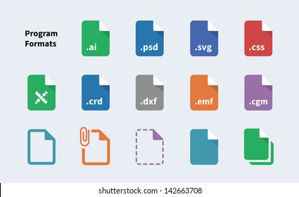 Set of Program File Formats and Labels icons. Vector illustration.