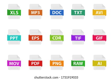 Set of program file formats and labels icons. Vector illustration