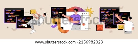 Set of programmer coding characters, web development on computer screen. Software engineering and script coding concept. Hand drawn vector illustration isolated background. Modern flat cartoon style.