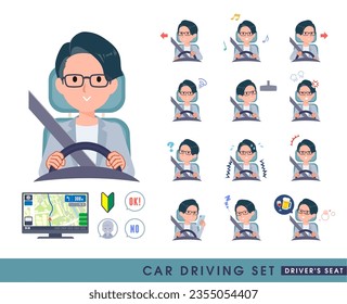 A set of Programmer engineer man driving a car(driving seat).It's vector art so easy to edit.