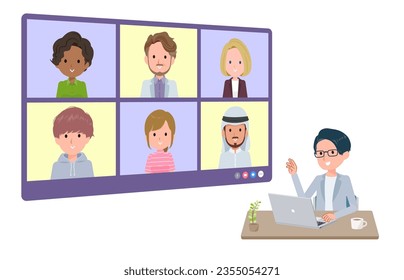 A set of Programmer engineer man having an online meeting with multiple people. perspective angle.It's vector art so easy to edit.