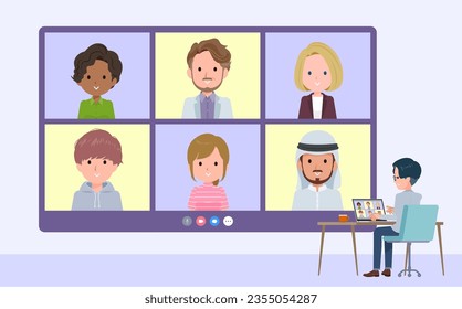 A set of Programmer engineer man having a video chat with multiple people.It's vector art so easy to edit.