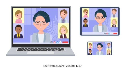 A set of Programmer engineer man having an online meeting. A set of laptop, tablet and smartphone.It's vector art so easy to edit.