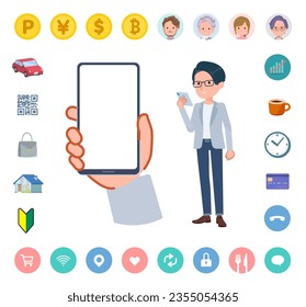 A set of Programmer engineer man looking at a smartphone screen.It's vector art so easy to edit.The inside of the screen is transparent, so it is easy to fit.