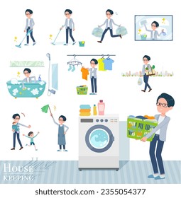 A set of Programmer engineer man related to housekeeping such as cleaning and laundry.It's vector art so easy to edit.