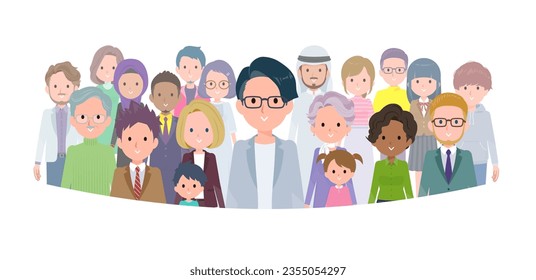 A set of Programmer engineer man standing in front of a large number of people.It's vector art so easy to edit.