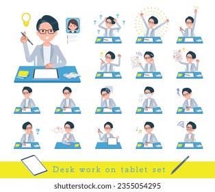 A set of Programmer engineer man studying on a tablet device.It's vector art so easy to edit.