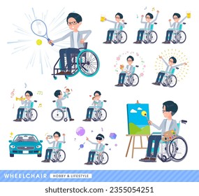 A set of Programmer engineer man in a wheelchair.About hobbies and lifestyle.It's vector art so easy to edit.