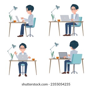 A set of Programmer engineer man working at a desk at a computer.It's vector art so easy to edit.